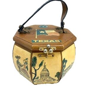 Vintage Texas Themed 1960s Wooden Purse Leather handle decoupage‎ purse